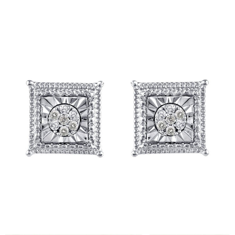 Square Miracle Setting 1/10 Ctw Natural Diamond Stud Earrings set in 925 Sterling Silver fine jewelry