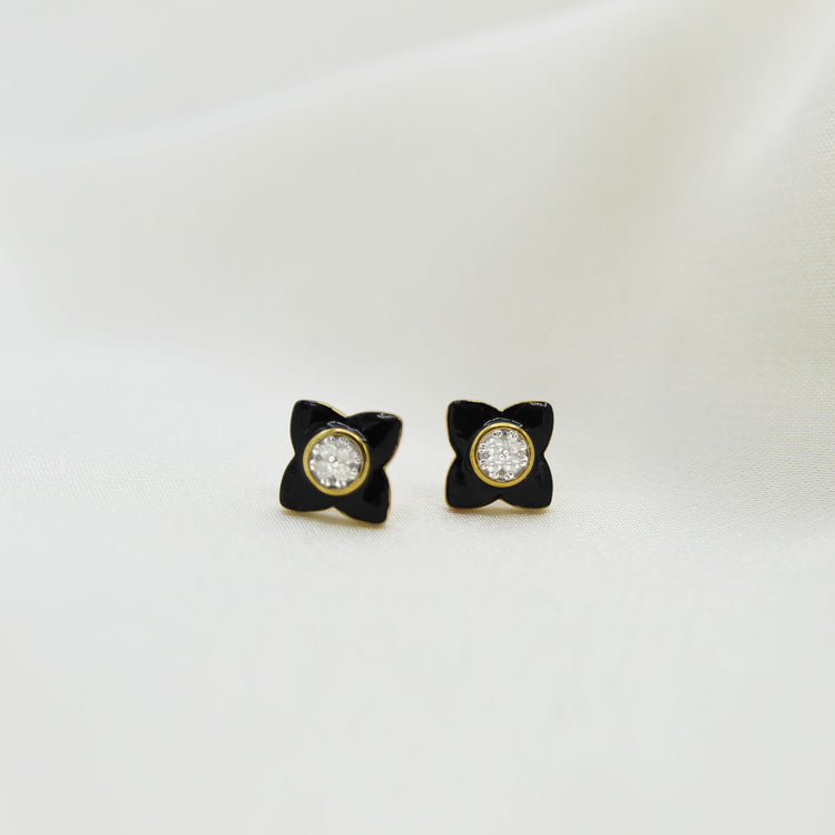 Black Enamel 1/4Ctw to 1/2 Ctw (I2-I3) Natural Diamond Stud Earrings set in 925 Sterling Silver petal flower trend