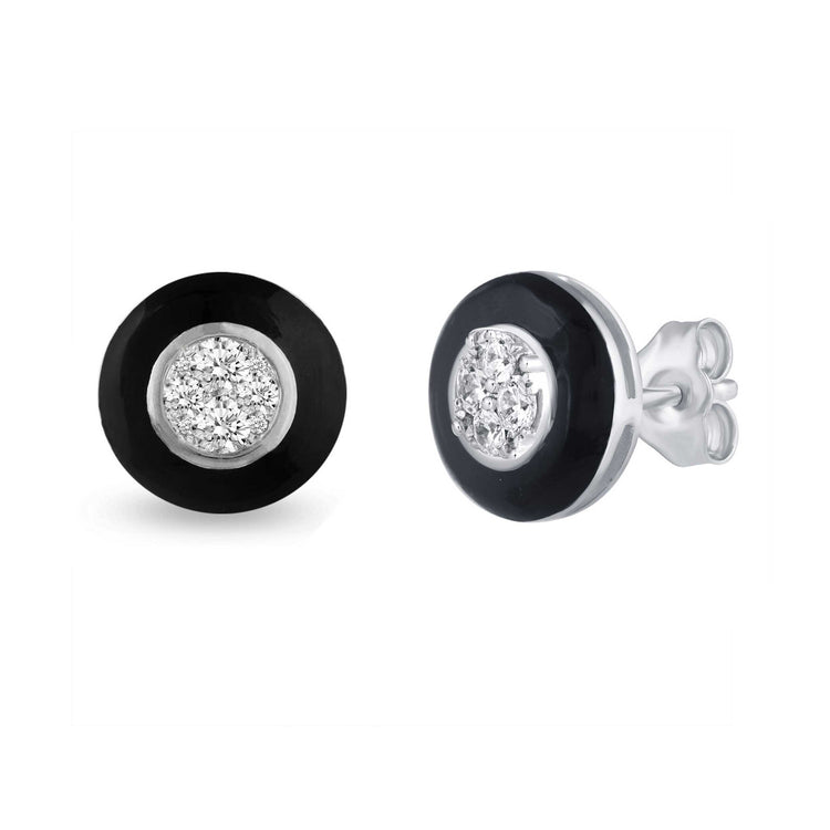 Black Enamel 1/4Ctw to 1/2 Ctw (I2-I3) Natural Diamond Stud Earrings set in 925 Sterling Silver petal flower