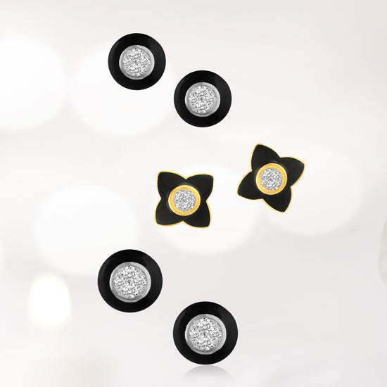 Black Enamel 1/4Ctw to 1/2 Ctw (I2-I3) Natural Diamond Stud Earrings set in 925 Sterling Silver petal flower