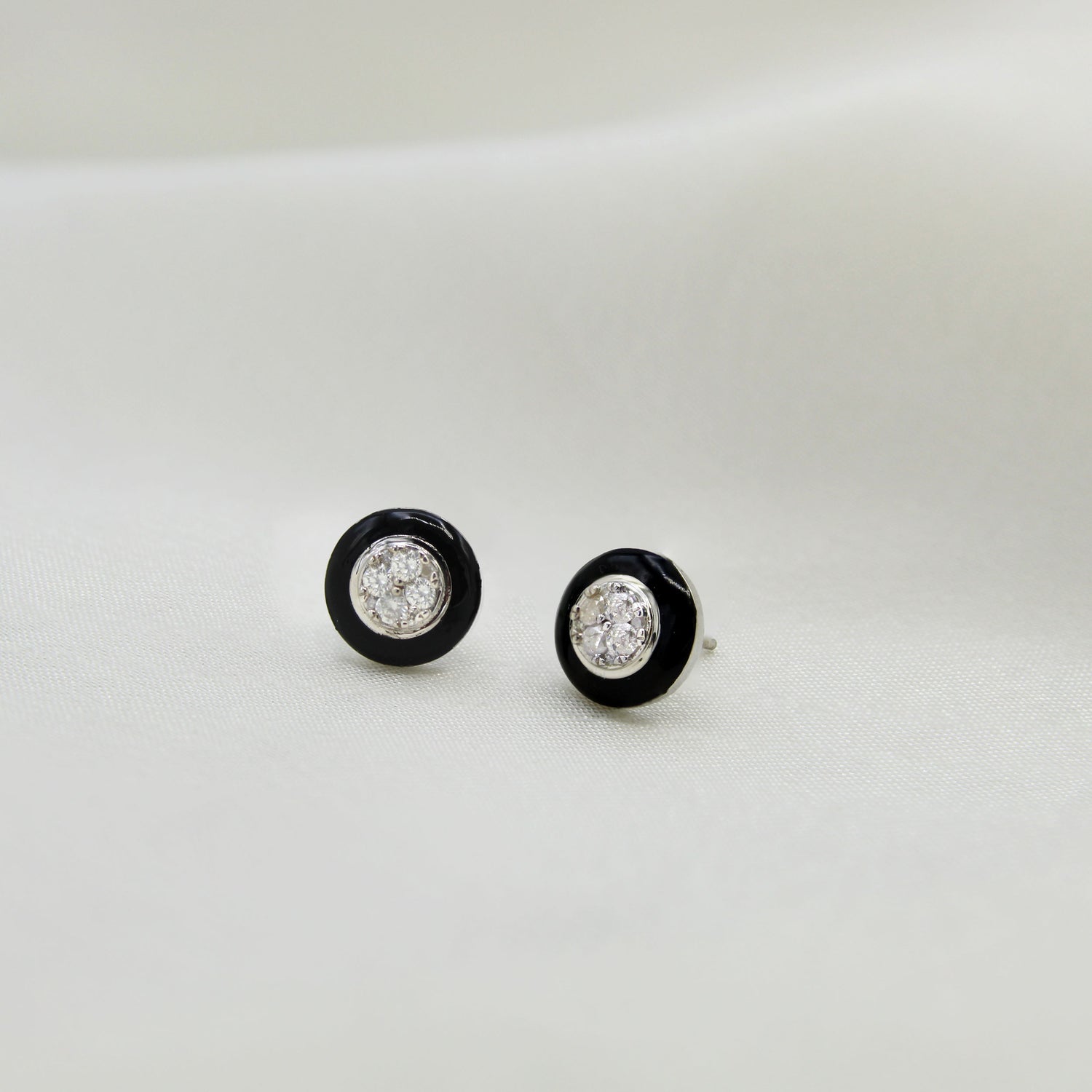 Black Enamel 1/4Ctw to 1/2 Ctw (I2-I3) Natural Diamond Stud Earrings set in 925 Sterling Silver petal flower