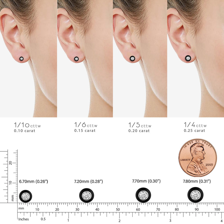 Black Enamel 1/10Ctw to 1/4 Ctw (I2-I3) Natural Diamond Stud Earrings set