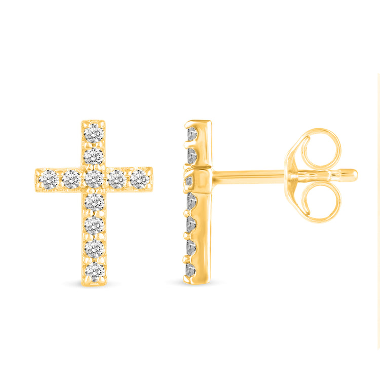 1/4 CTW Diamond Cross Pave Stud Earrings set in 925 Sterling Silver yellow gold