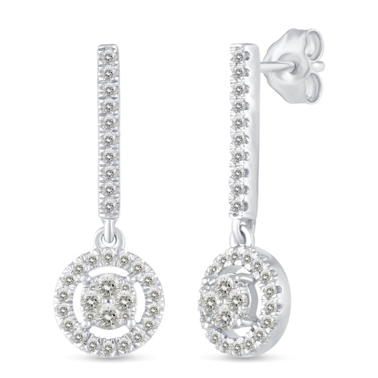 1/2 Ctw Natural Diamonds Dangle Drop Halo Earrings in 925 Sterling Silver