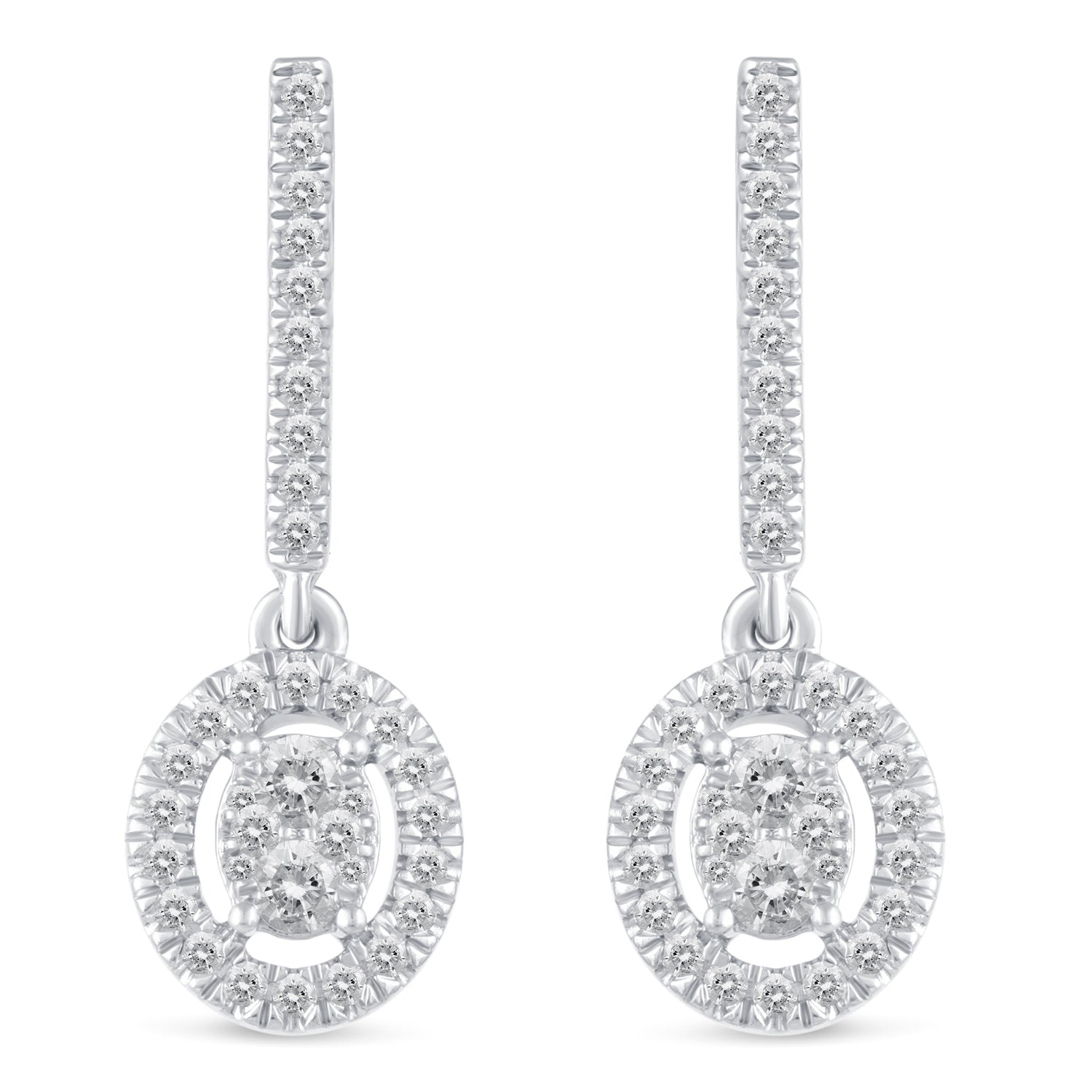 1/2 Ctw Natural Diamonds Dangle Drop Halo Oval Earrings in 925 Sterling Silver