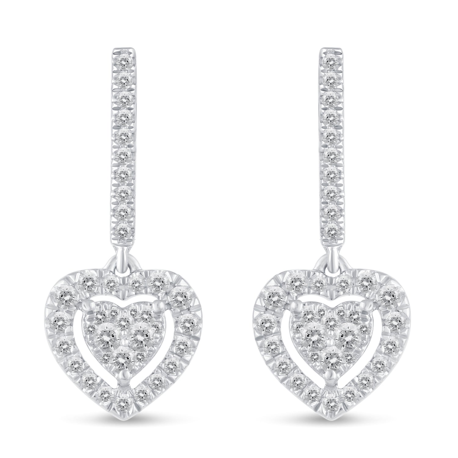 1/2 Ctw Natural Diamonds Dangle Drop Halo Heart Earrings in 925 Sterling Silver