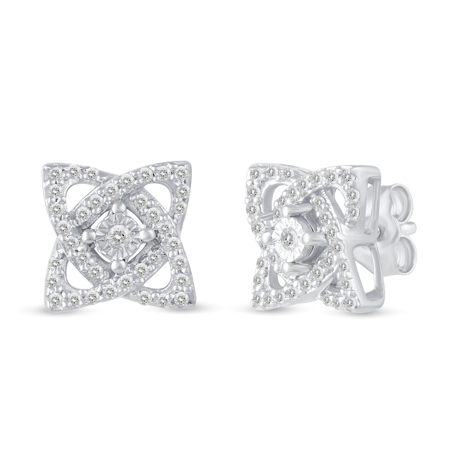 Set of 2 : 1/3 CT TW Diamond Open Petal Flower Pendant & Earrings in 925 Sterling Silver