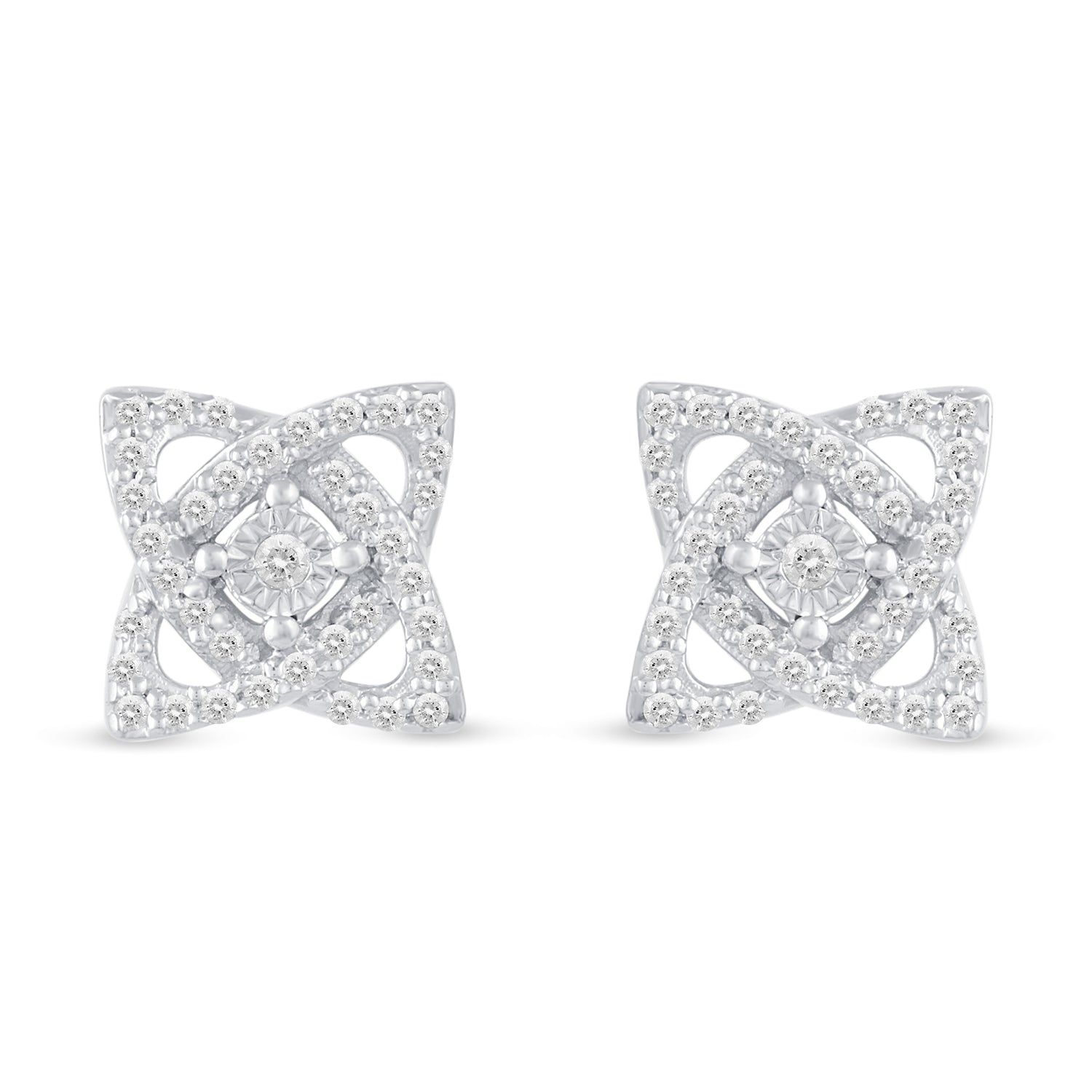 Set of 2 : 1/3 CT TW Diamond Open Petal Flower Pendant & Earrings in 925 Sterling Silver