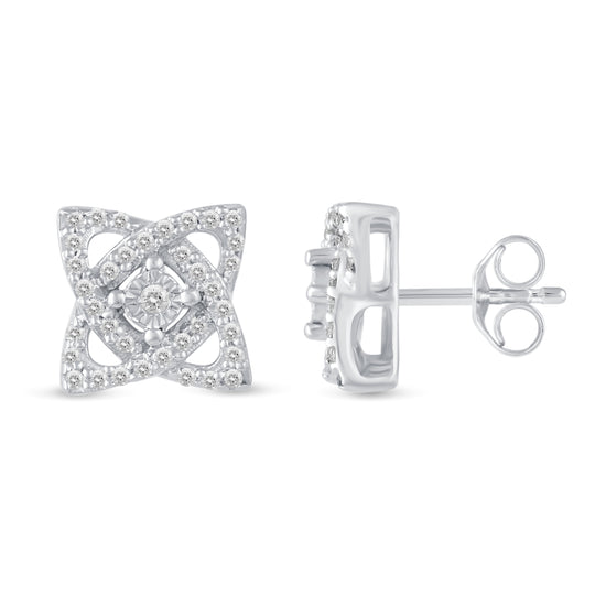 1/4Ct Diamond Open Petal Flower Stud Earrings Set in 925 Sterling Silver