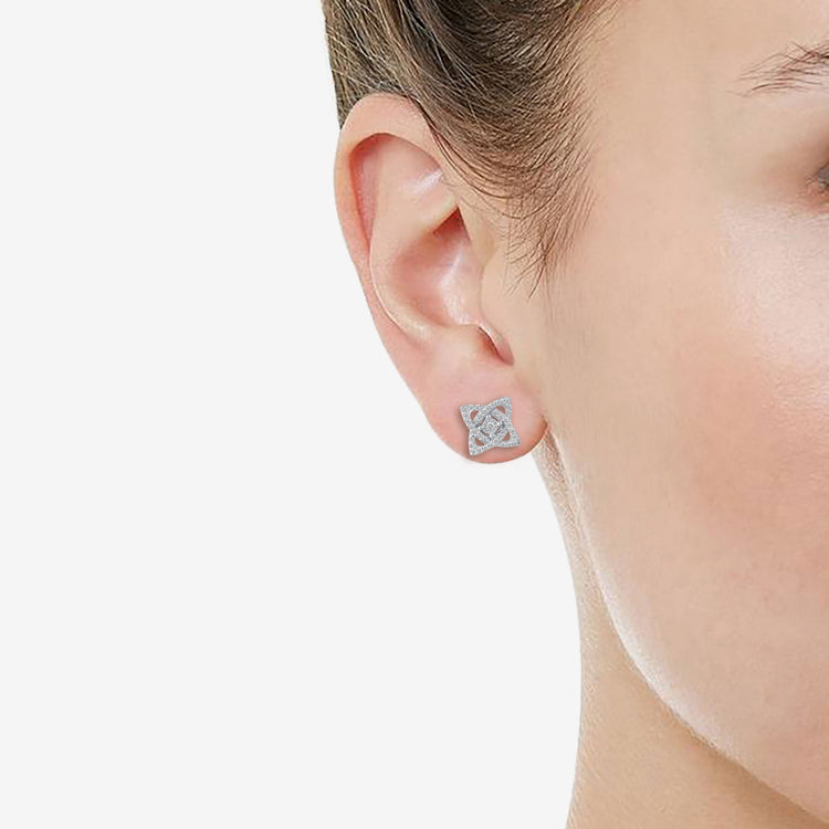 1/4Ct Diamond Open Petal Flower Stud Earrings Set in 925 Sterling Silver