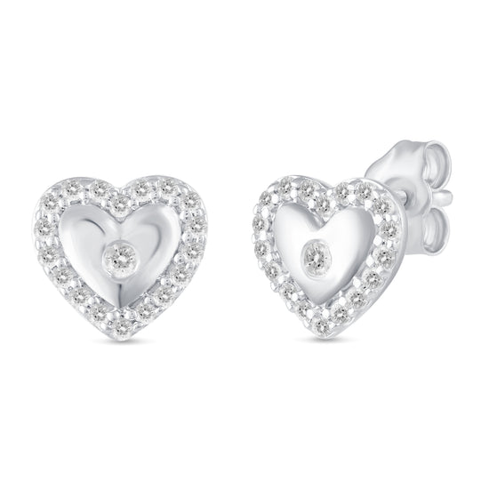 1/5Ct Diamond Puff Halo Heart Stud Earrings Set in 925 Sterling Silver