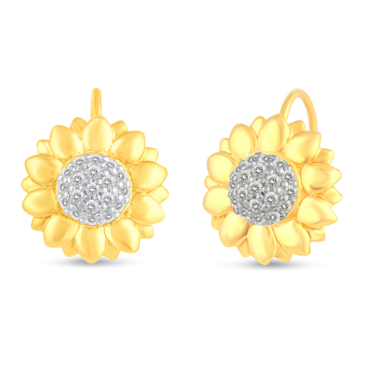 Set of 2 : 1/2 CT TW Diamond Sunflower Pendant & Earrings in 925 Sterling Silver Yellow Gold