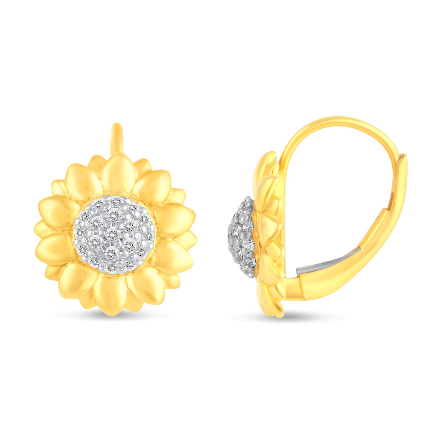 Set of 2 : 1/2 CT TW Diamond Sunflower Pendant & Earrings in 925 Sterling Silver Yellow Gold