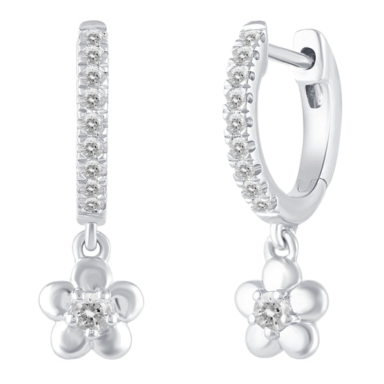 1/4 Ctw Natural Diamonds Flower Dangle Drop Hoop Earrings in 925 Sterling Silver