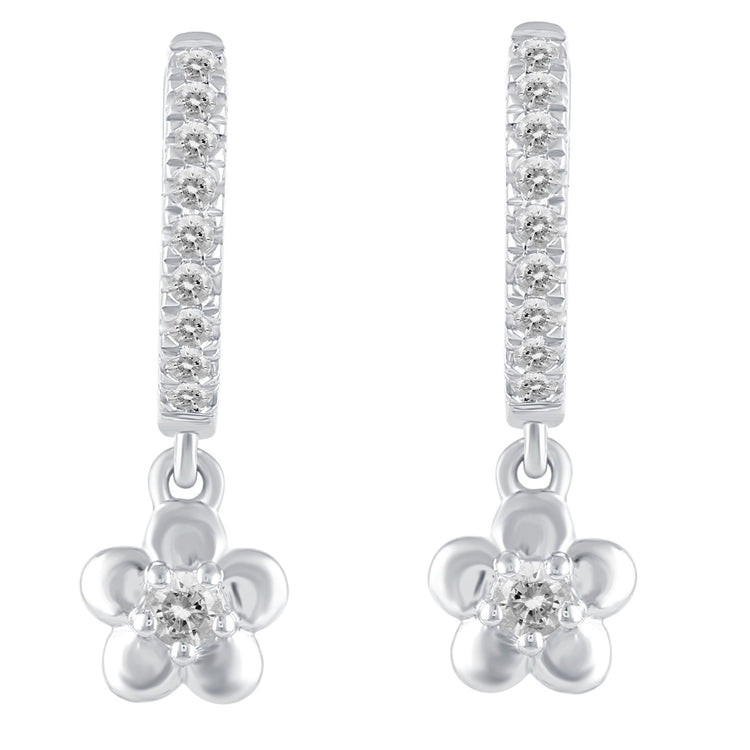 1/4 Ctw Natural Diamonds Flower Dangle Drop Hoop Earrings in 925 Sterling Silver