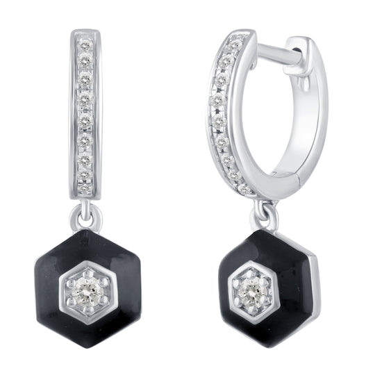 1/5 Ctw Natural Diamonds Black Enamel Hexagon Dangle Drop Hoop Earrings in 925 Sterling Silver