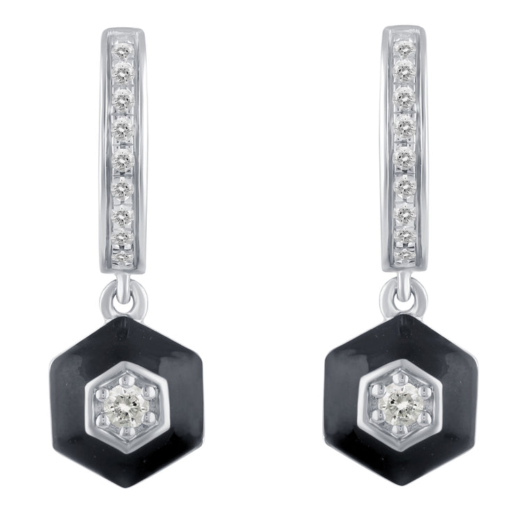 1/5 Ctw Natural Diamonds Black Enamel Hexagon Dangle Drop Hoop Earrings in 925 Sterling Silver