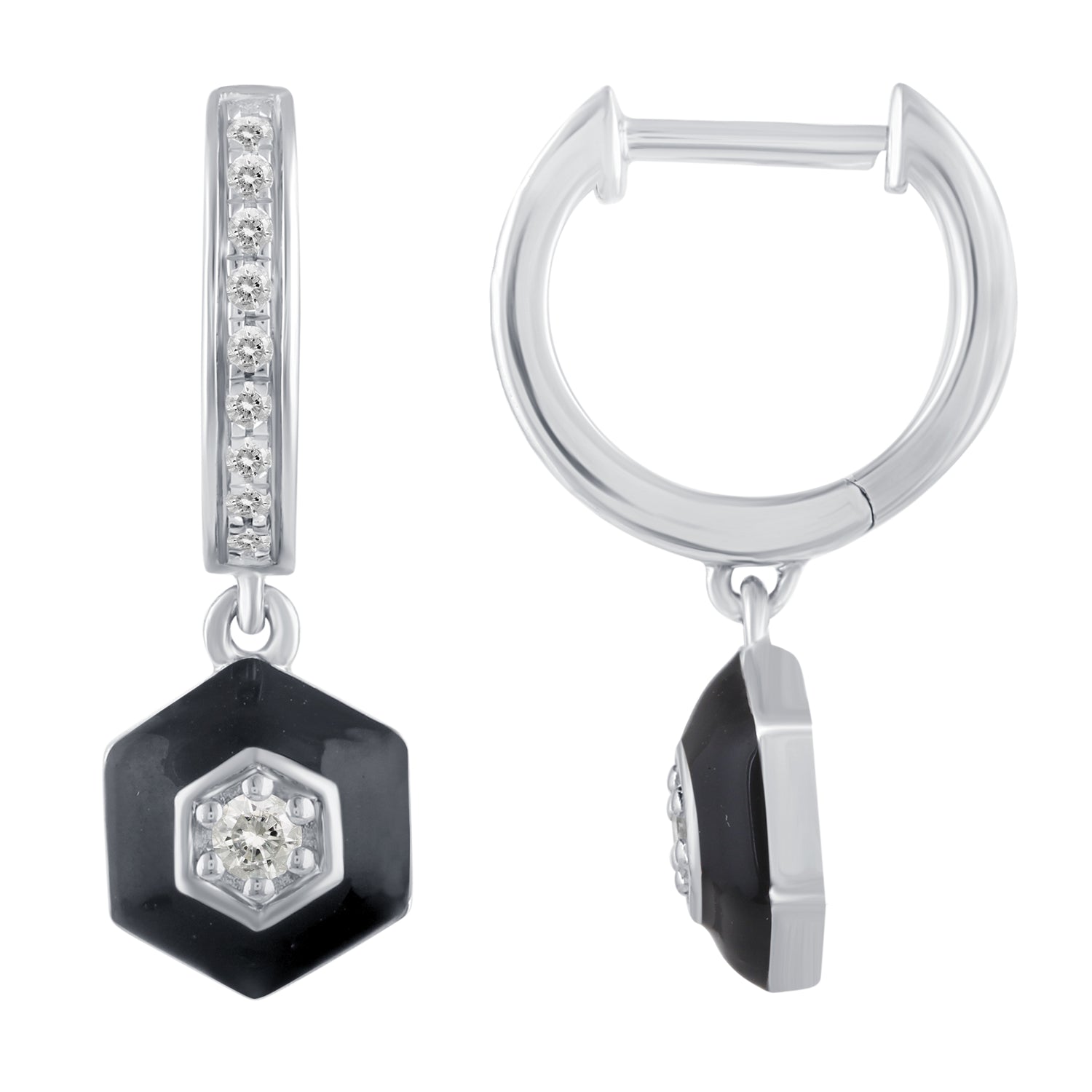 1/5 Ctw Natural Diamonds Black Enamel Hexagon Dangle Drop Hoop Earrings in 925 Sterling Silver