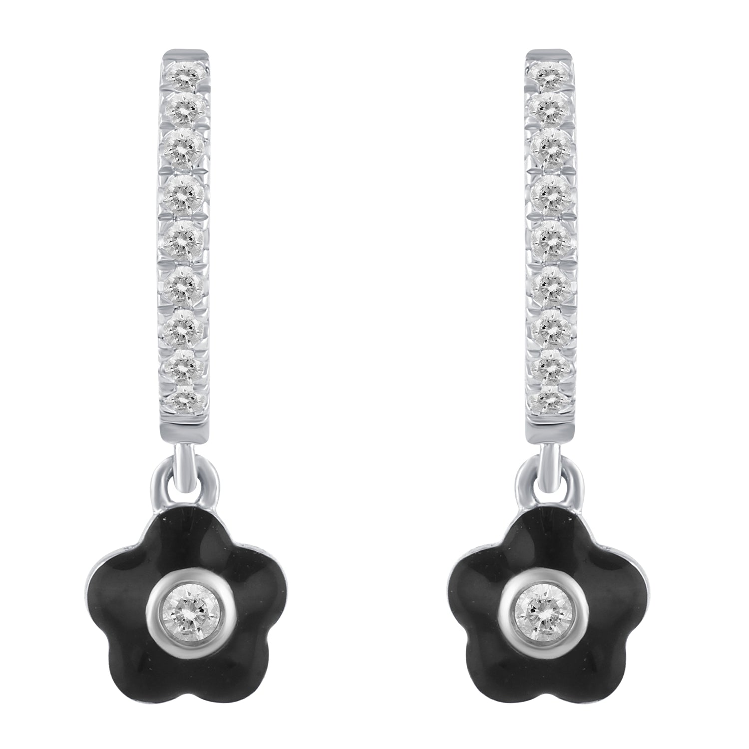 1/5 Ctw Natural Diamonds Black Enamel Flower Dangle Drop Hoop Earrings in 925 Sterling Silver