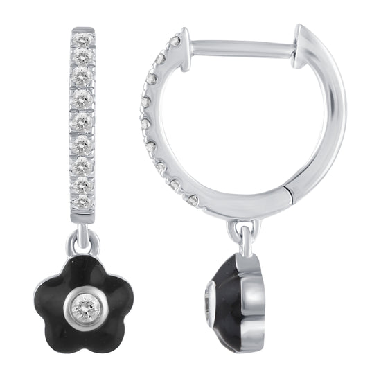 1/5 Ctw Natural Diamonds Black Enamel Flower Dangle Drop Hoop Earrings in 925 Sterling Silver