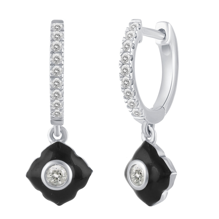 1/4 Ctw Natural Diamonds Black Enamel Art Deco Flower Dangle Drop Hoop Earrings in 925 Sterling Silver