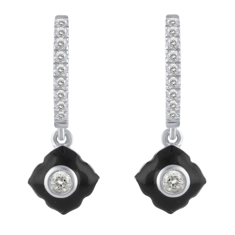 1/4 Ctw Natural Diamonds Black Enamel Art Deco Flower Dangle Drop Hoop Earrings in 925 Sterling Silver