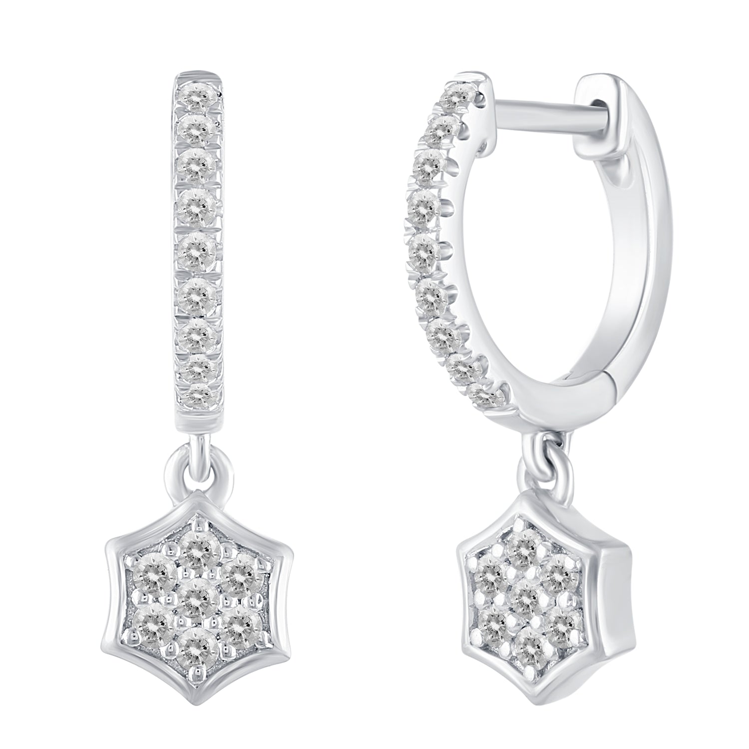 1/3 Ctw Natural Diamonds Hexagon Dangle Drop Hoop Earrings in 925 Sterling Silver