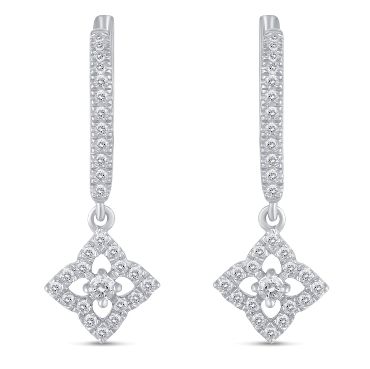 1/4 Ctw Natural Diamonds Open flower Dangle Drop Hoop Earrings in 925 Sterling Silver