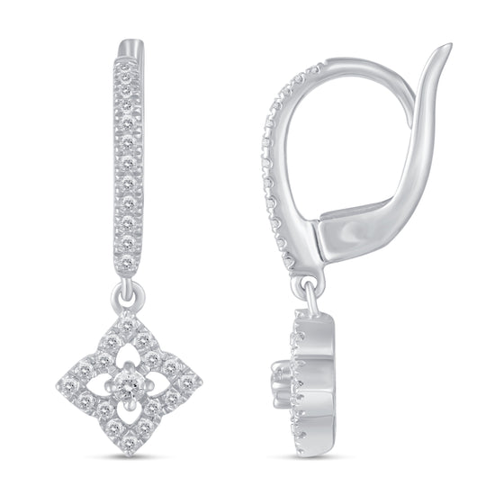 1/4 Ctw Natural Diamonds Open flower Dangle Drop Hoop Earrings in 925 Sterling Silver