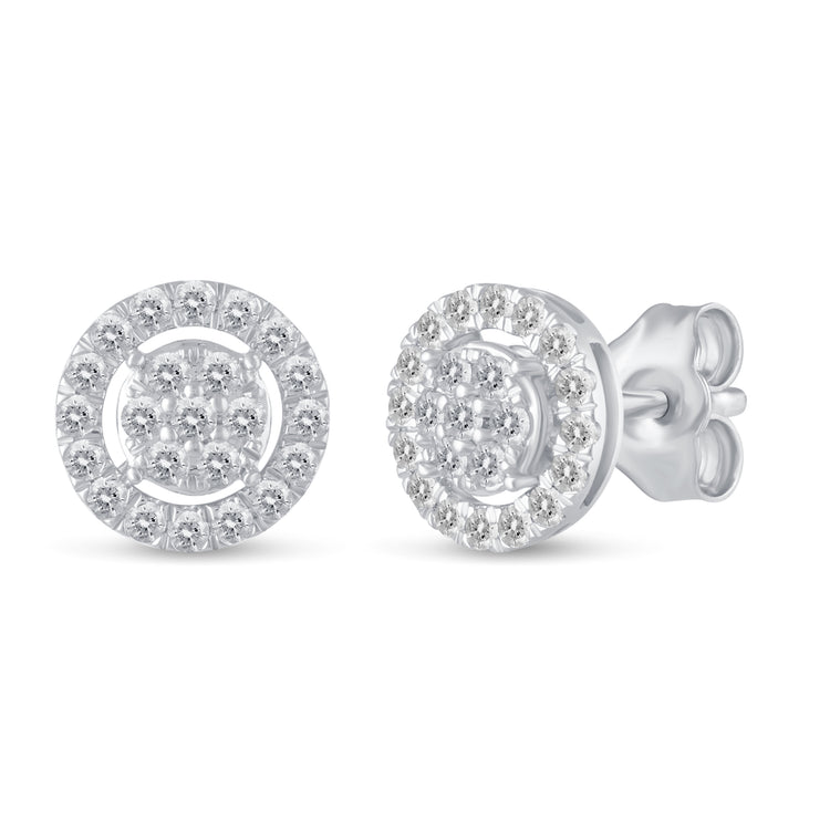 1/2Ct Diamond Halo Circle Stud Earrings Set in 925 Sterling Silver