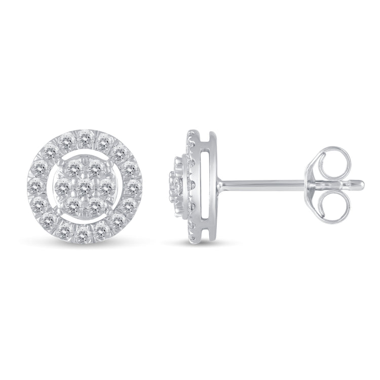 1/2Ct Diamond Halo Circle Stud Earrings Set in 925 Sterling Silver