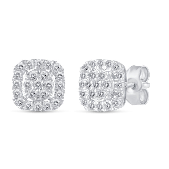 1/2Ct Diamond Halo Square Stud Earrings Set in 925 Sterling Silver