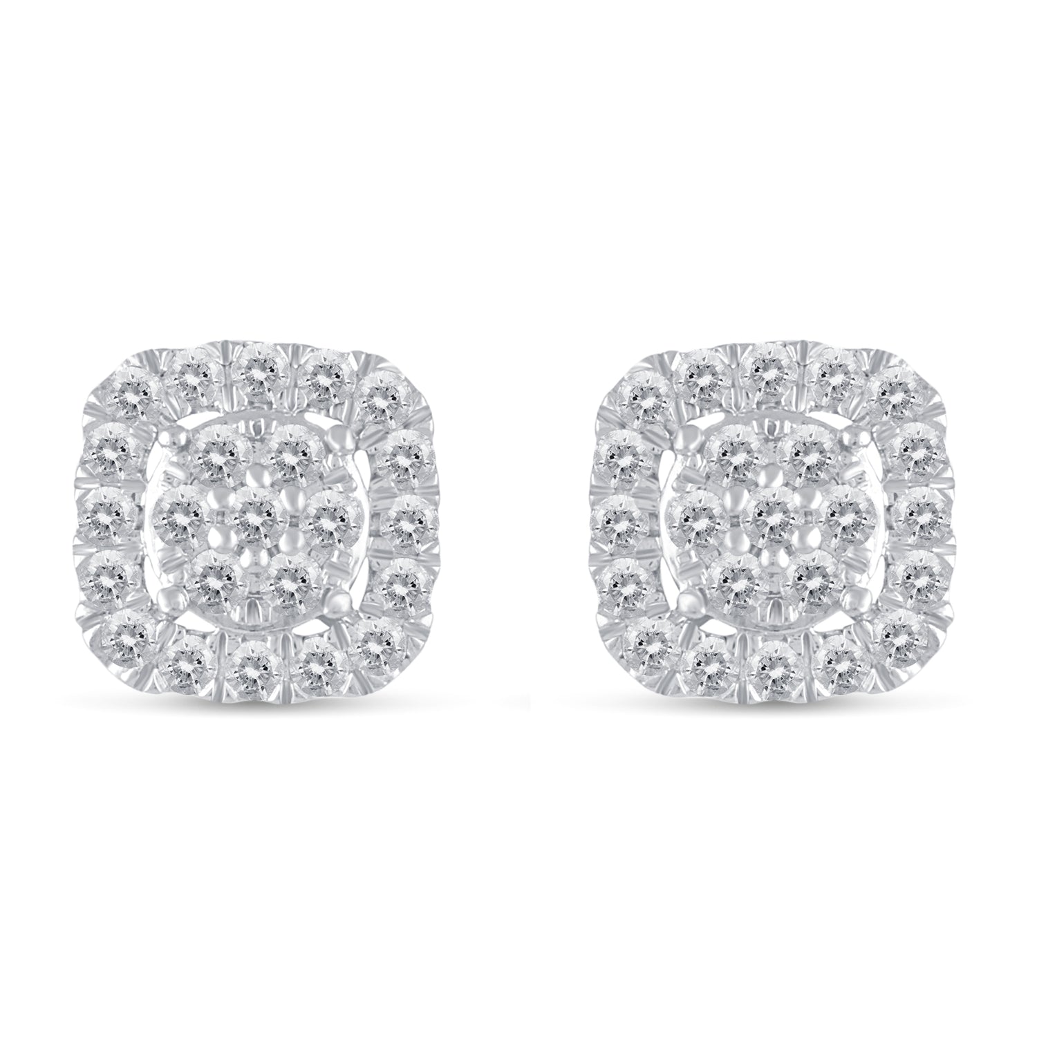 1/2Ct Diamond Halo Square Stud Earrings Set in 925 Sterling Silver