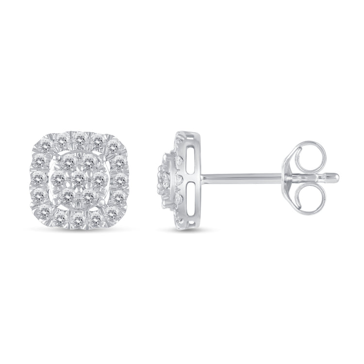 1/2Ct Diamond Halo Square Stud Earrings Set in 925 Sterling Silver