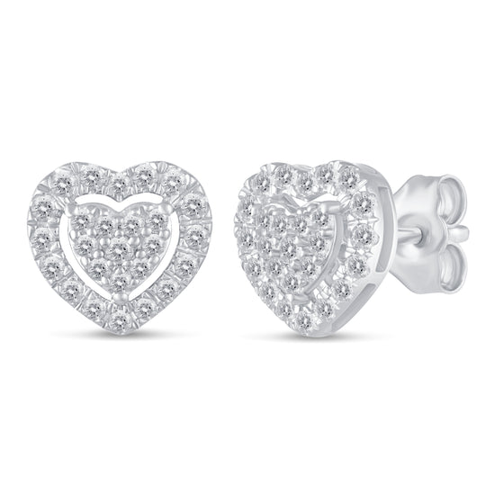 1/2Ct Diamond Halo Heart Stud Earrings Set in 925 Sterling Silver