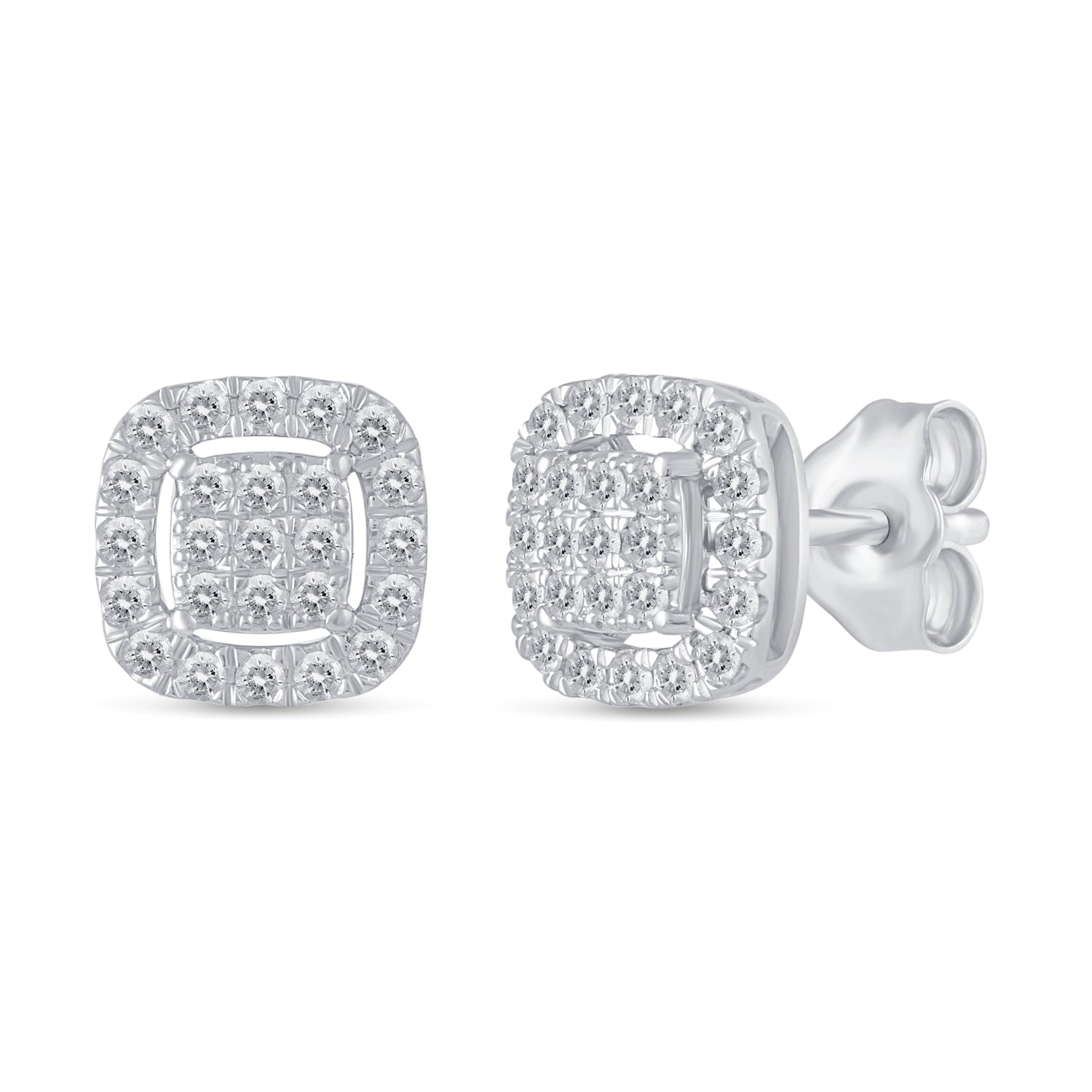 1/2Ct Diamond Halo Square Stud Earrings Set in 925 Sterling Silver