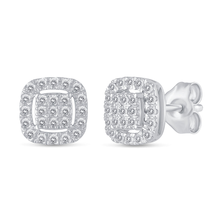 1/2Ct Diamond Halo Square Stud Earrings Set in 925 Sterling Silver