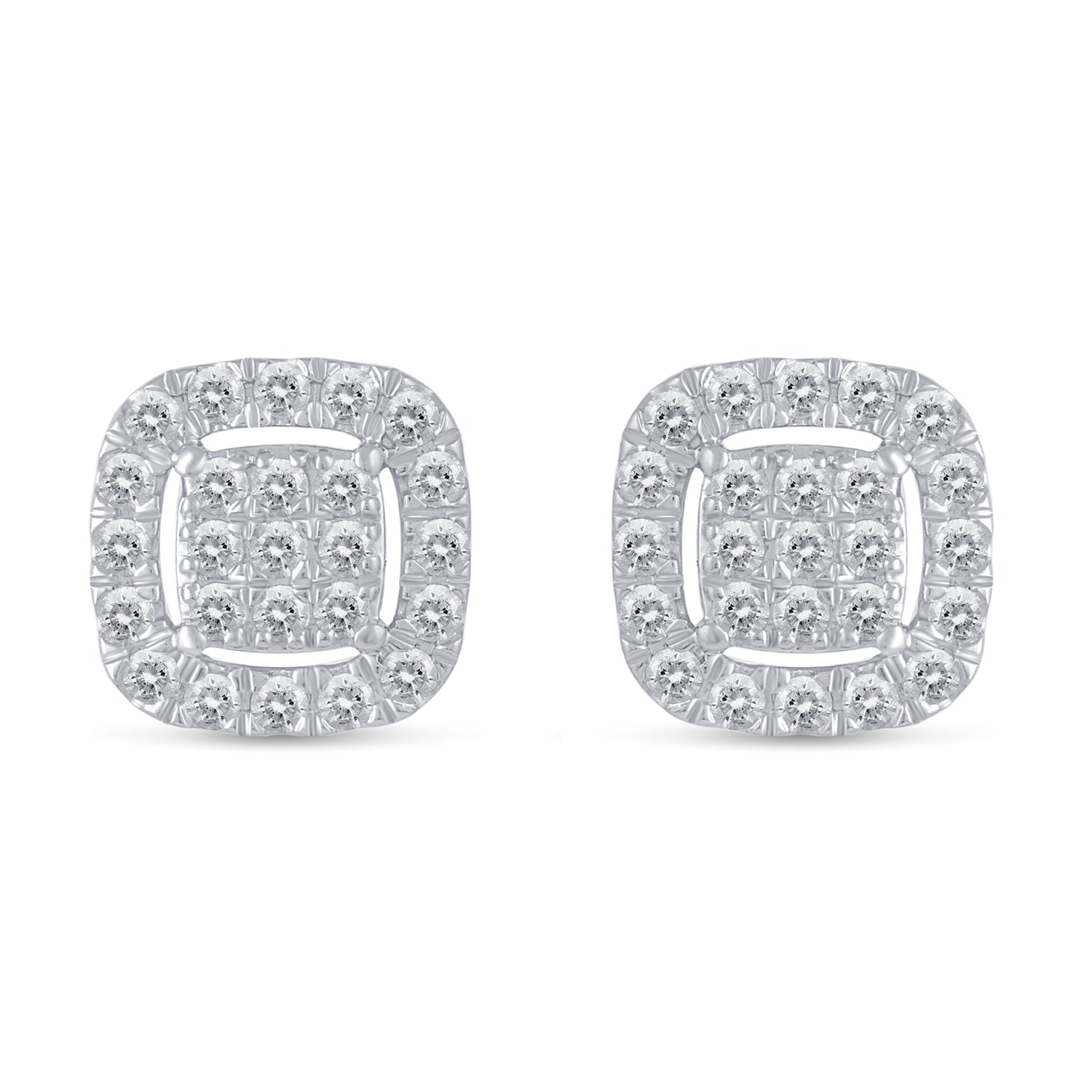 1/2Ct Diamond Halo Square Stud Earrings Set in 925 Sterling Silver