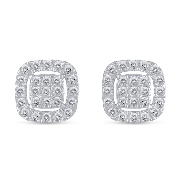 1/2Ct Diamond Halo Square Stud Earrings Set in 925 Sterling Silver