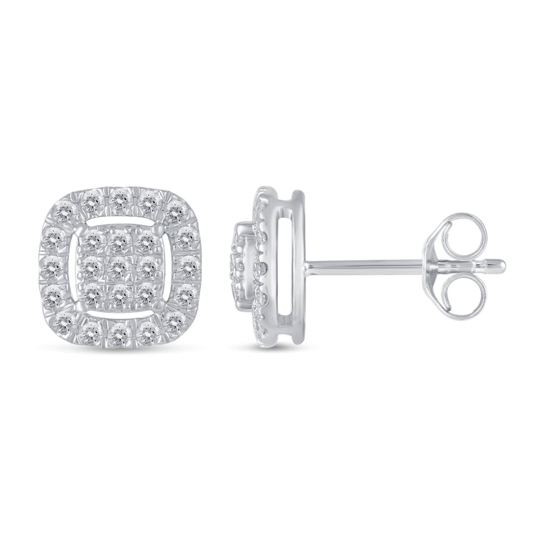 1/2Ct Diamond Halo Square Stud Earrings Set in 925 Sterling Silver