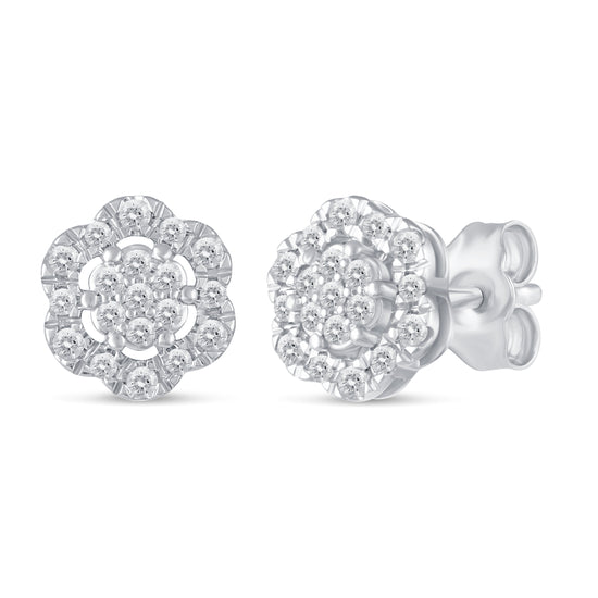 3/8Ct Diamond Halo Floral Stud Earrings Set in 925 Sterling Silver