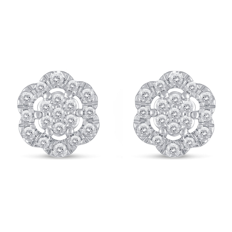 3/8Ct Diamond Halo Floral Stud Earrings Set in 925 Sterling Silver
