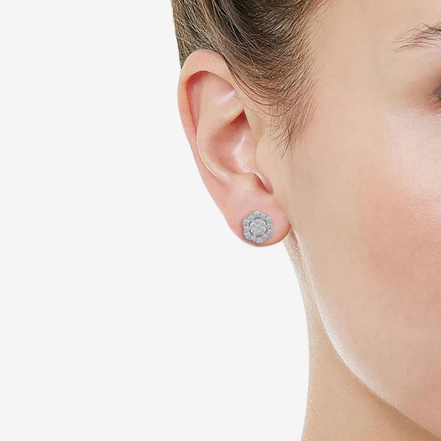3/8Ct Diamond Halo Floral Stud Earrings Set in 925 Sterling Silver