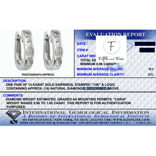 I.G.L Certified 1 Cttw Diamond  Channel-Set Horse Shore Hoop Earrings set in 14K White Gold