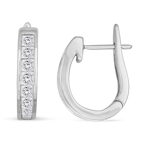 I.G.L Certified 1 Cttw Diamond  Channel-Set Horseshoe Hoop Earrings set in 14K White Gold