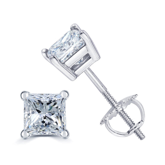 Certified (VS1- VS2) 1/4ct TW to 1.00ct TW Natural Diamond Princess Cut Earrings-14K Gold-Screw Backs