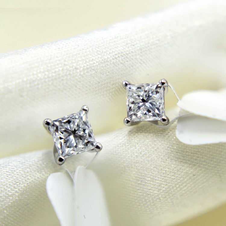 AGS Certified (VS1- VS2) 1/4ct TW to 1.00ct TW Natural Diamond Princess Cut Earrings-14K Gold-Screw Backs