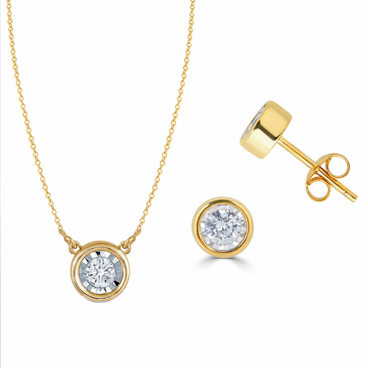 14K Gold Bezel 3/8 Carat TW Natural Round Diamond Earring + Pendant Necklace Set  in White, Rose or Yellow Gold