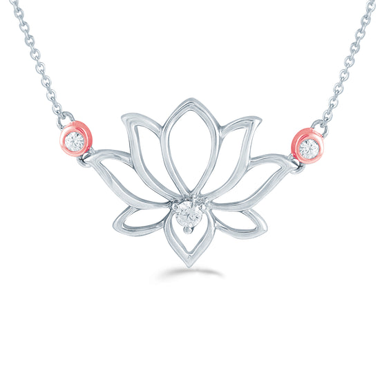 1/10 CT TW Diamond Lotus Flower Rose Gold Charm Pendant Necklace in 925 Sterling Silver