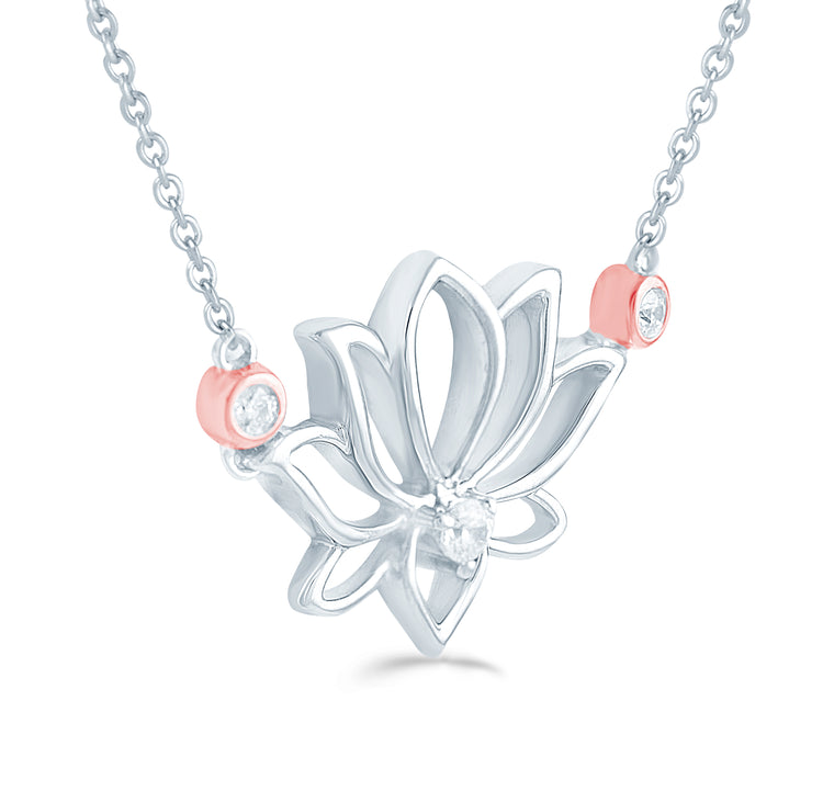 1/10 CT TW Diamond Lotus Flower Rose Gold Charm Pendant Necklace in 925 Sterling Silver